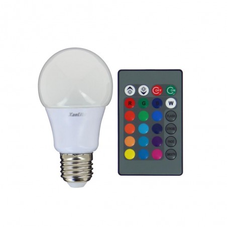 Ampoule LED A60, culot E27, 5W cons. (60W eq.), lumière blanc chaud ou lumière RVB avec télécommande