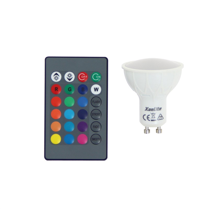 Ampoule LED spot, culot GU10, 4,2W cons. (27W eq.), lumière blanc chaud ou lumière RVB avec sa télécommande