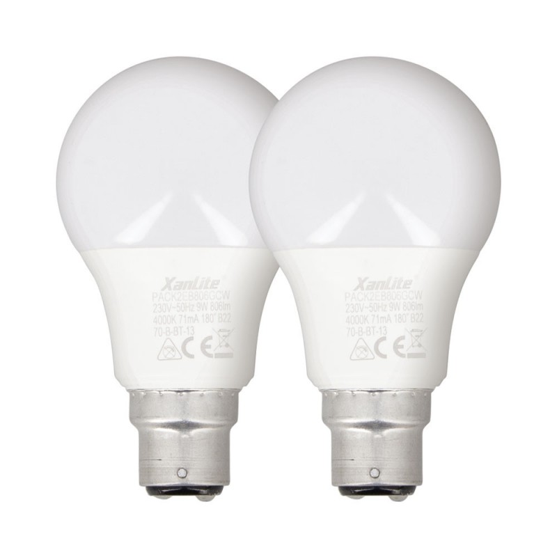 Lot de 2 Ampoules LED A60, culot B22, 10W cons. (60W eq.), lumière blanc neutre