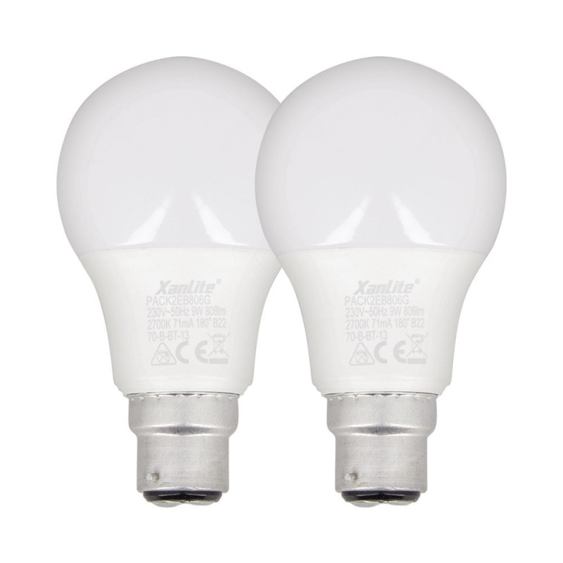 Lot de 2 Ampoules LED A60, culot B22, 10W cons. (60W eq.), lumière blanc chaud