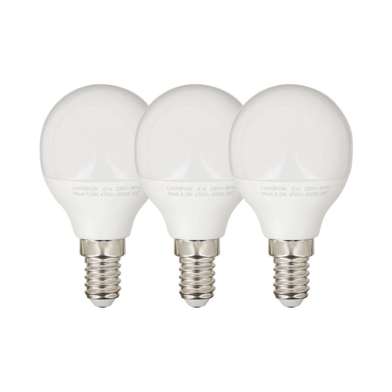 Pack de 3 Ampoules LED (P45), culot E14, conso. 5,3W (eq. 40W), 470 lumens, blanc chaud