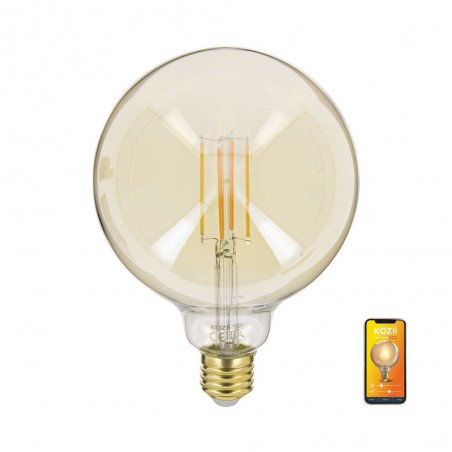 Ampoule LED connectée KOZii, éclairage multi-blancs, Filament E27 G125 au verre ambré, 5,5W cons. Variation de luminosité