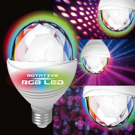 Ampoule LED disco, culot E27, 3,2W cons. lumière RGB motorisée