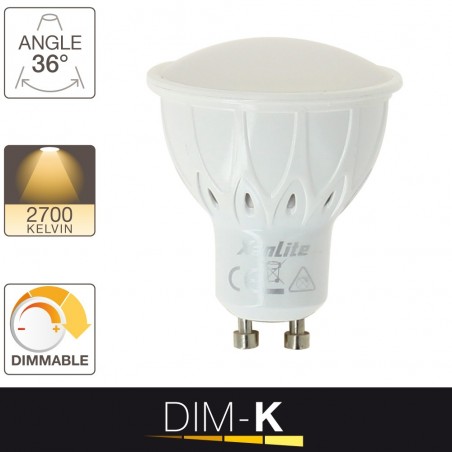 Ampoule LED spot, culot GU10, 6W cons. (50W eq.), lumière blanc chaud, dimmable par switch 10% - 50% -100%