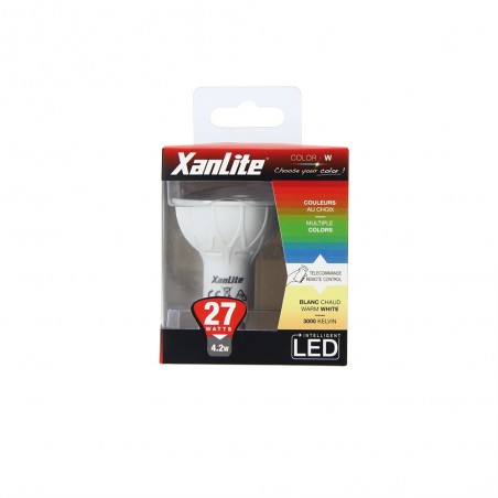 Ampoule LED spot, culot GU10, 4,2W cons. (27W eq.), lumière blanc chaud ou lumière RVB avec sa télécommande