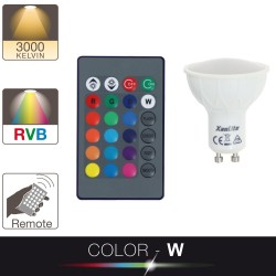 Ampoule LED spot, culot GU10, 4,2W cons. (27W eq.), lumière blanc chaud ou lumière RVB avec sa télécommande