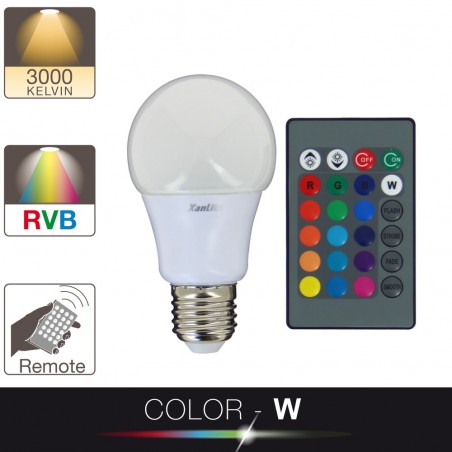 Ampoule LED A60, culot E27, 5W cons. (60W eq.), lumière blanc chaud ou lumière RVB avec télécommande
