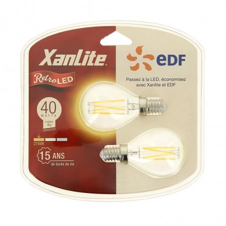 Lot x2 ampoules à filament LED EDF, sphériques, culot E14, conso 4W eq. 40W, blanc chaud