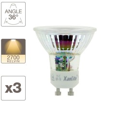 Lot x3 Ampoule spot LED, culot GU10, conso 5,5W (équivaut 50W) : 345 lumens, blanc chaud (2700K)