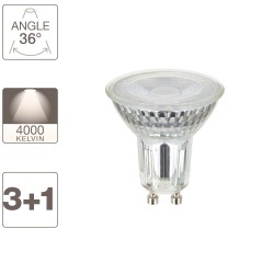 Lot de 3 ampoules spot + 1 gratuite, culot GU10, 5W cons. et 50W eq., lumière blanche neutre