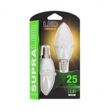 Pack de 2 Ampoules LED (Flamme), culot E14, conso. 2,8W (eq. 25W), 250 lumens, blanc chaud