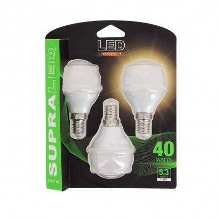 Pack de 3 Ampoules LED (P45), culot E14, conso. 5,3W (eq. 40W), 470 lumens, blanc chaud