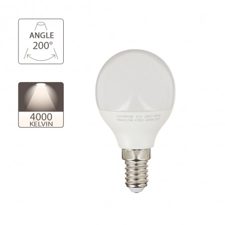 Ampoule LED (P45), culot E14, conso. 5,3W (eq. 40W), 470 lumens, blanc neutre