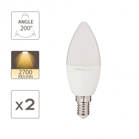 Pack de 2 Ampoules LED (Flamme), culot E14, conso. 2,8W (eq. 25W), 250 lumens, blanc chaud