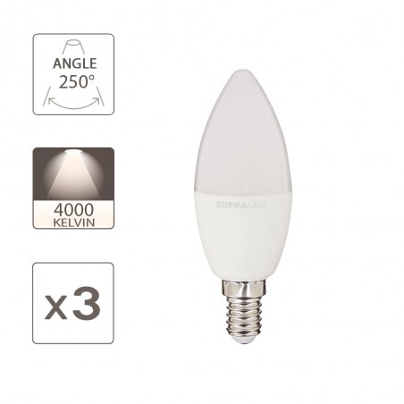 Pack de 3 Ampoules LED (Flamme), culot E14, conso. 6W (eq. 40W), 470 lumens, blanc neutre