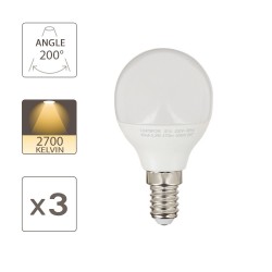 Pack de 3 Ampoules LED (P45), culot E14, conso. 5,3W (eq. 40W), 470 lumens, blanc chaud