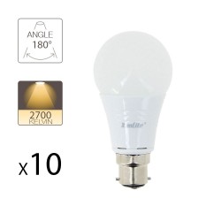 Lot de 10 Ampoules LED A60, culot B22, 10W cons. (60W eq.), lumière Blanc Chaud