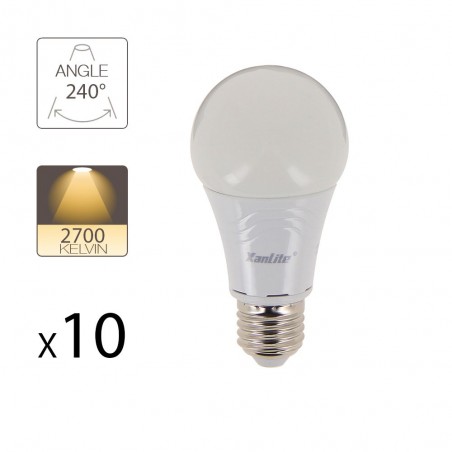 Lot de 10 Ampoules LED A60, culot E27, 9W cons. (60W eq.), lumière Blanc Chaud