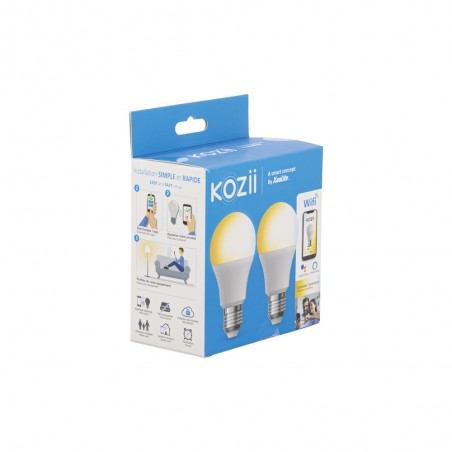 Pack de 2 Ampoules LED connectées KOZii, éclairage multi-blancs, E27 A60 Opaque 9W cons.  Variation de luminosité