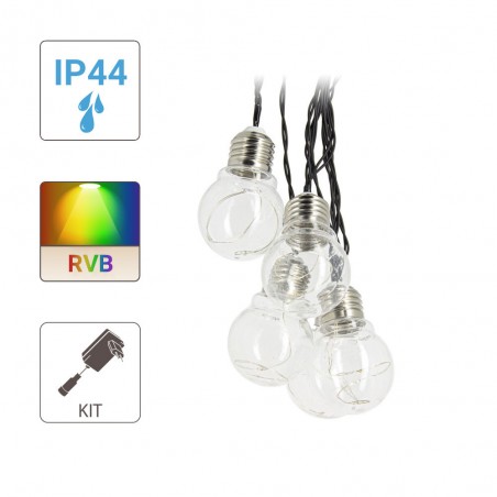 Guirlande LED RVB, x10 ampoules, 5m Extensible, Transfo Inclus