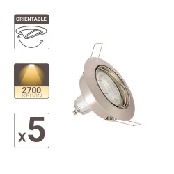 Lot de 5 Spots Encastrés Metal brossé - ORIENTABLE - Ampoule LED GU10 incluses - cons. 5W (eq. 50W) - 345 lumens - Blanc chaud
