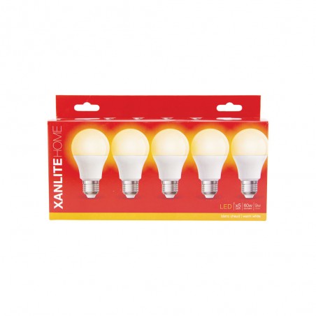 Lot x5 Ampoules LED standard, culot E27, cons. 9W, eq. 60W, blanc chaud